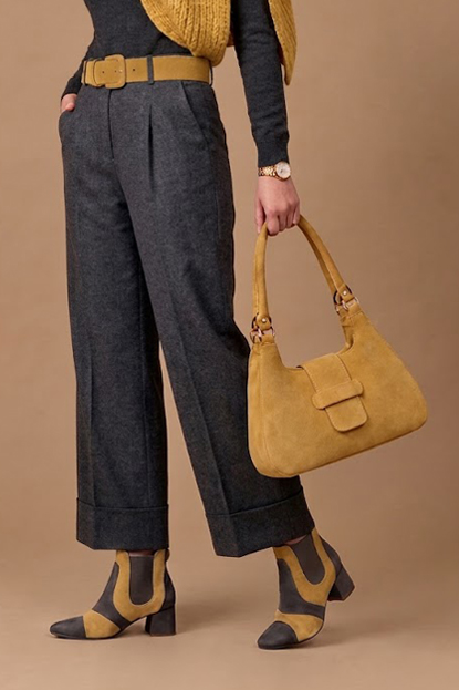 Dress ankle boots side elastics in dark grey and mustard yellow leather with low flare heels and round toe - Worn view